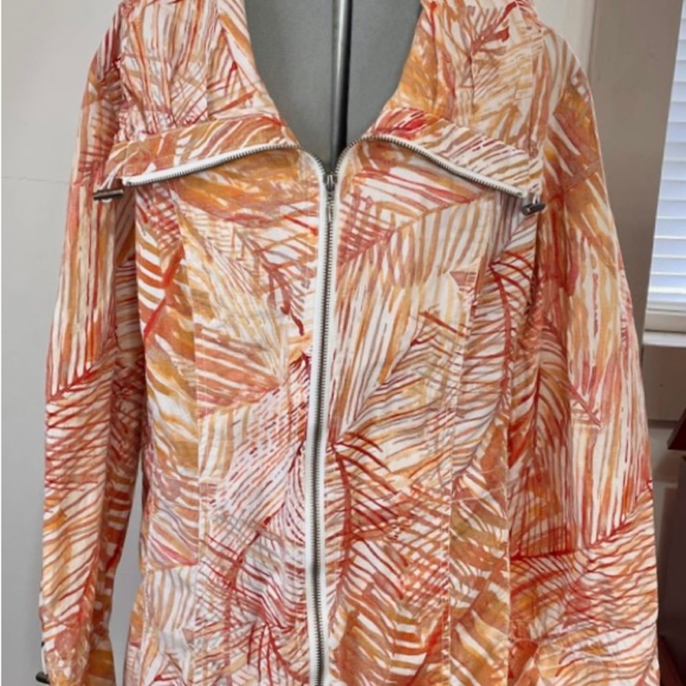 🪸Chicos Coral Orange & White Tropical Lightweight Cotton Windbreake Jacket 2, L